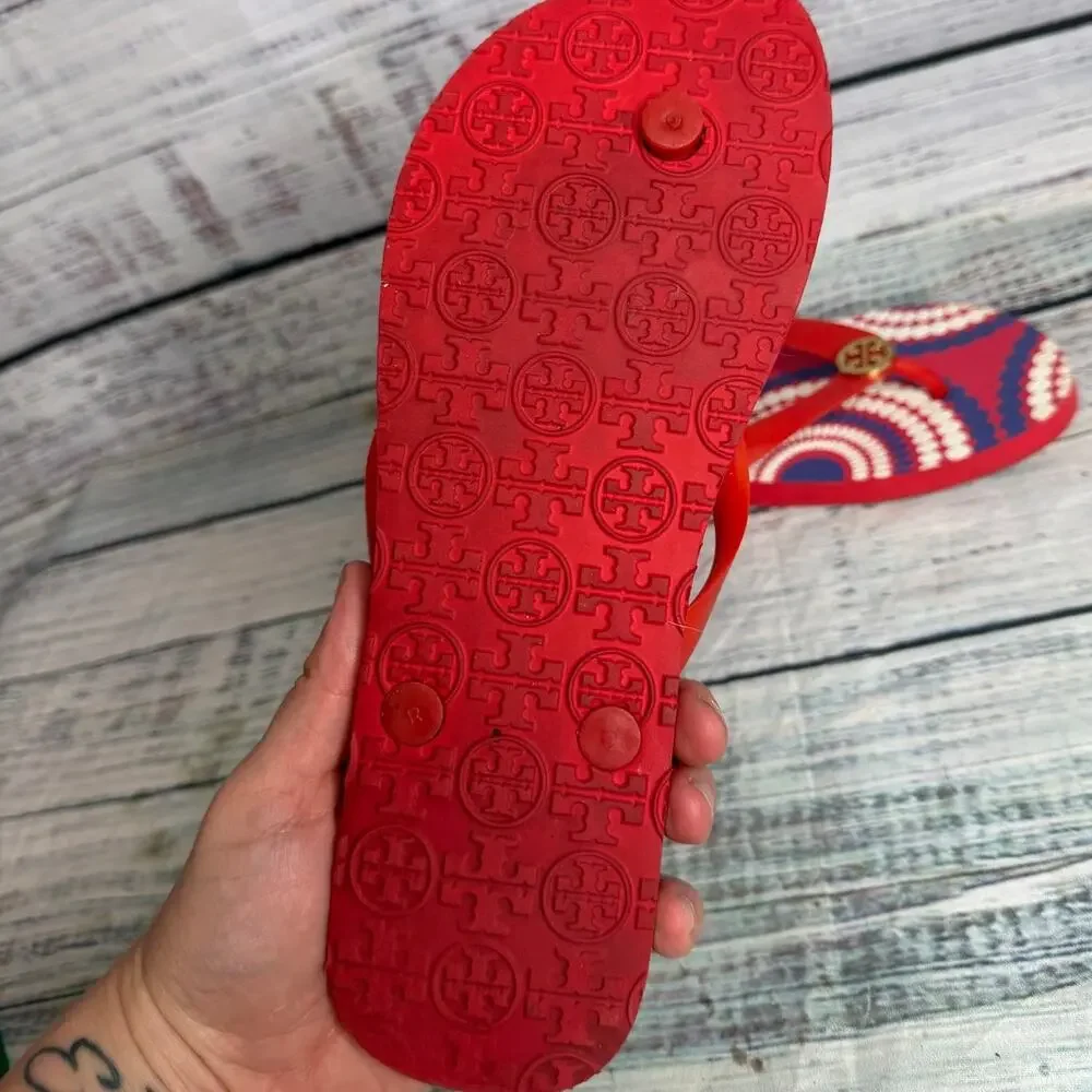 Tory Burch Women's Red White Blue Logo Medallion Flip Flop Sandals Size 8